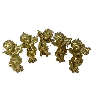 Cherub Angel Gold Resin Ornament Figure Harp Lute Flute Christmas 4” Lot Of 5